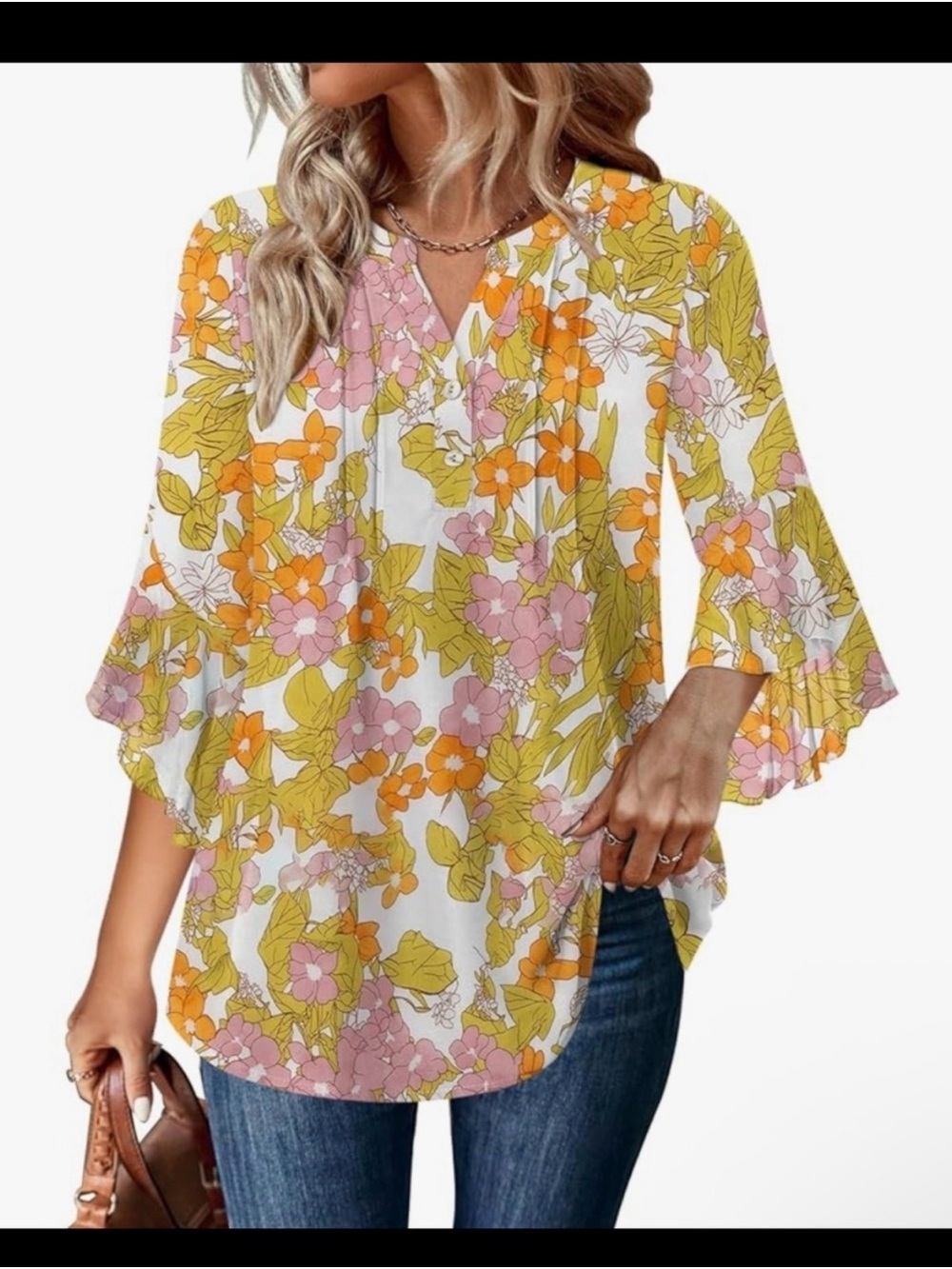 Floral V-Neck Ruffle Sleeve Blouse - White with Pink & Orange Floral Print - Picture 2 of 3